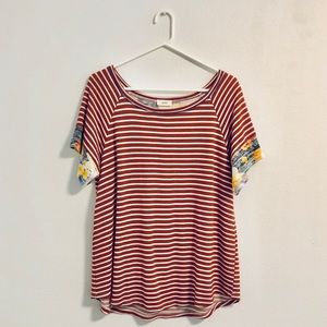 Striped tee with floral sleeves/back panel detail
